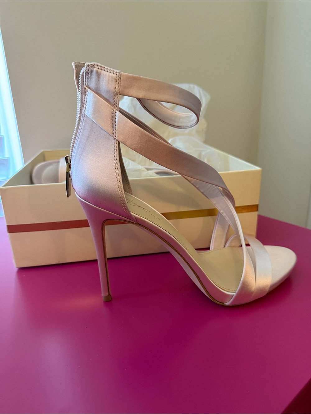 Satin Blush Pink Crisscross Stiletto Sandals